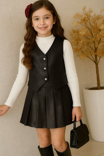 ست سهتیکه دخترانه مجلسی مدل لاکچری 🌸 جلیقه، بلوز و دامن چرمی شیک